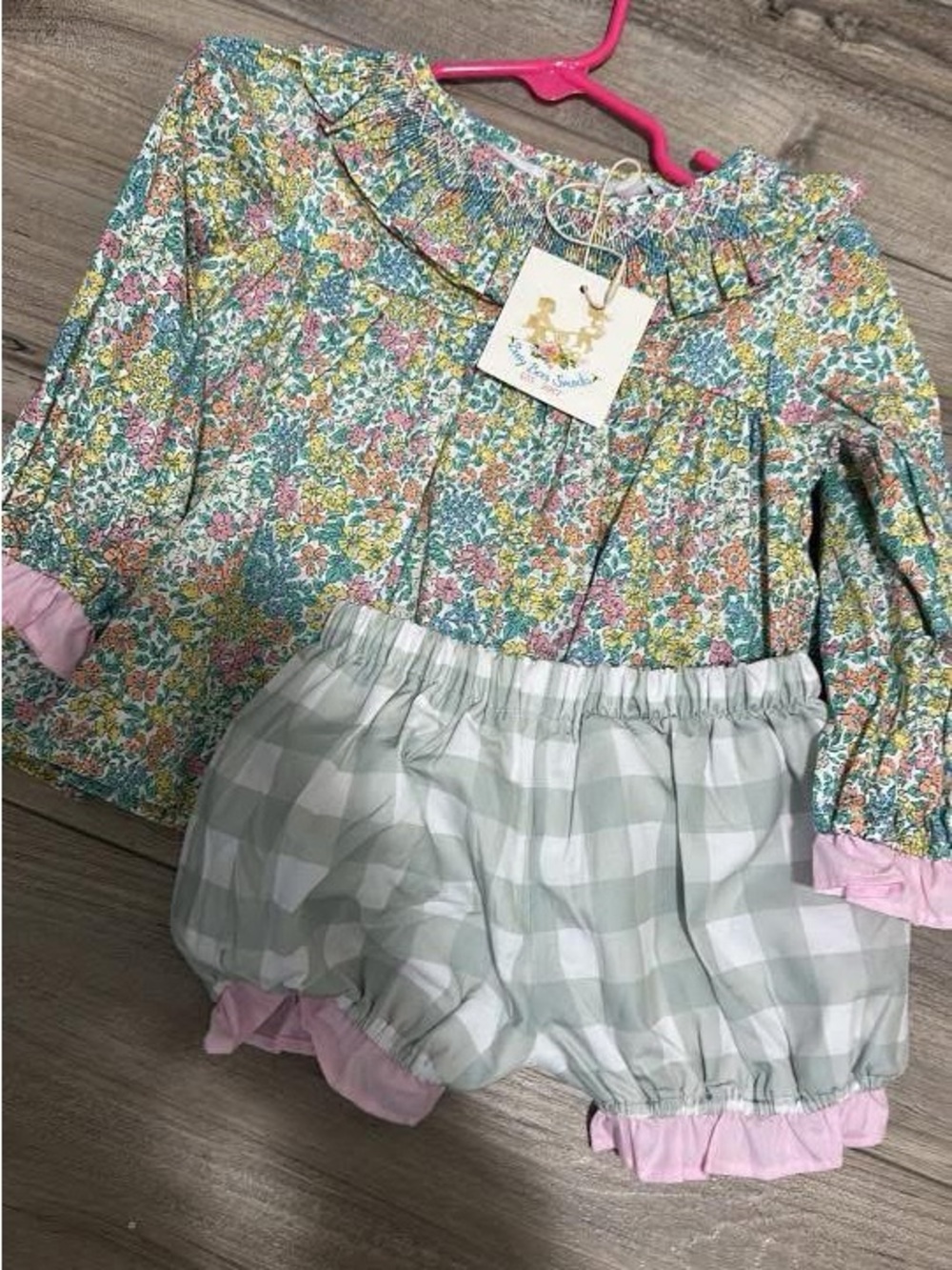 Floral Smocked Top & Pink-Trim Gingham Bubble Shorts - Kids Matching Set